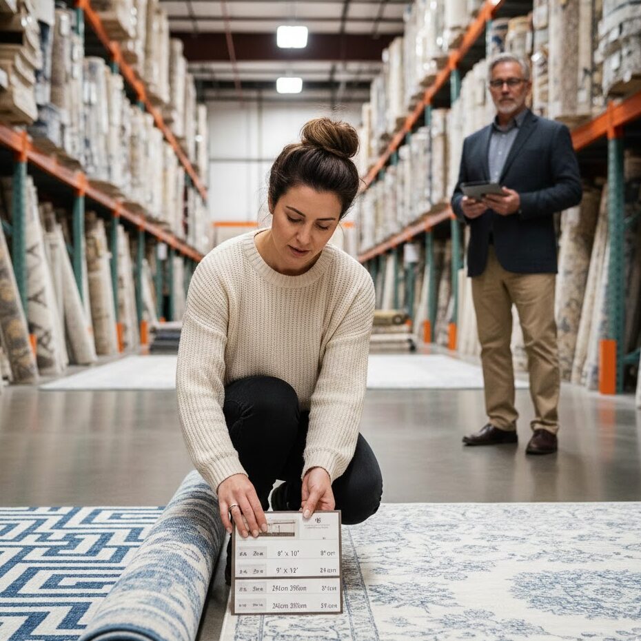 A woman in a home decor warehouse comparing different rug patterns and sizes, looking at a label for rug dimensions.