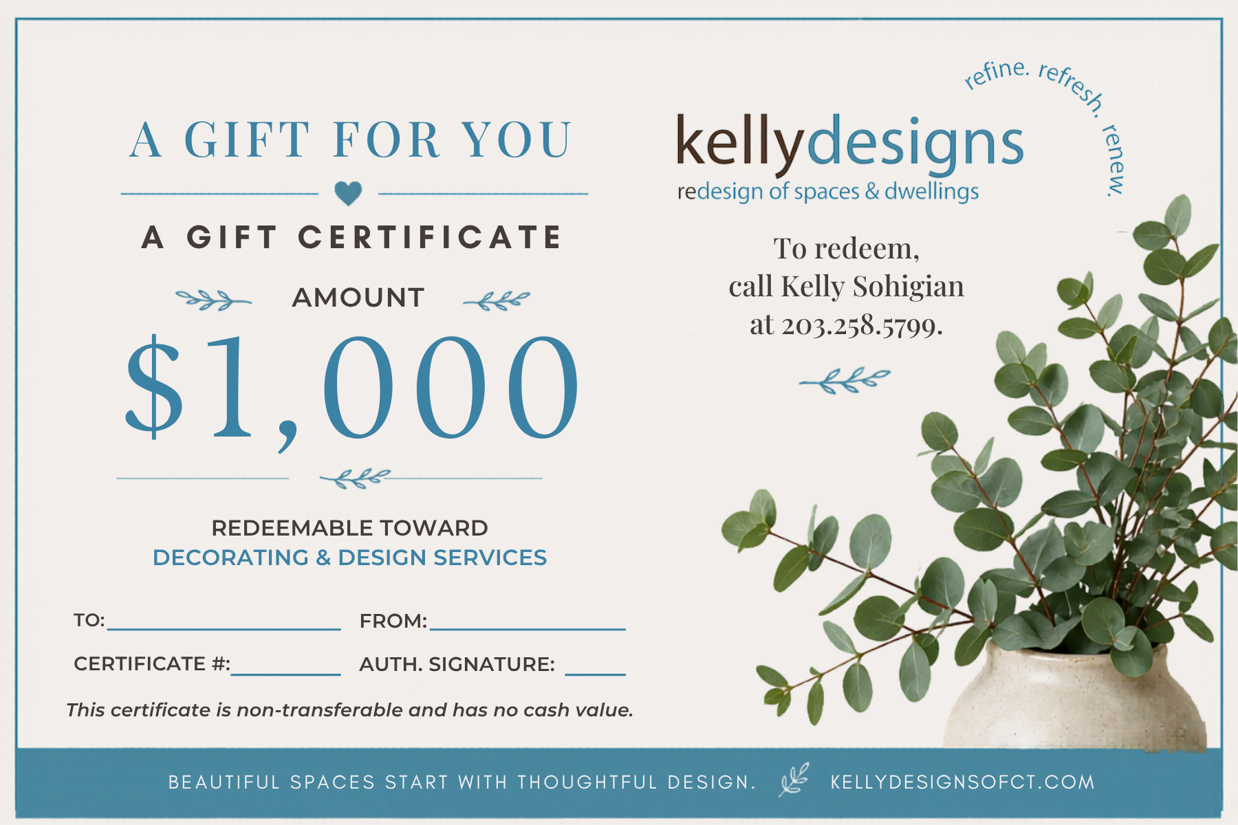 $1,000 Mother's Day Gift Certificate for interior design and home styling services from kellydesigns.