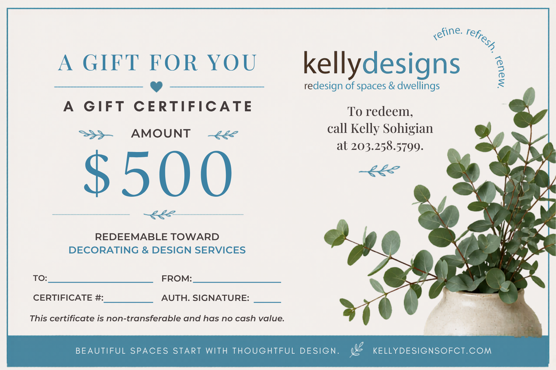 $500 Mother's Day Gift Certificate for interior design and home styling services from kellydesigns.