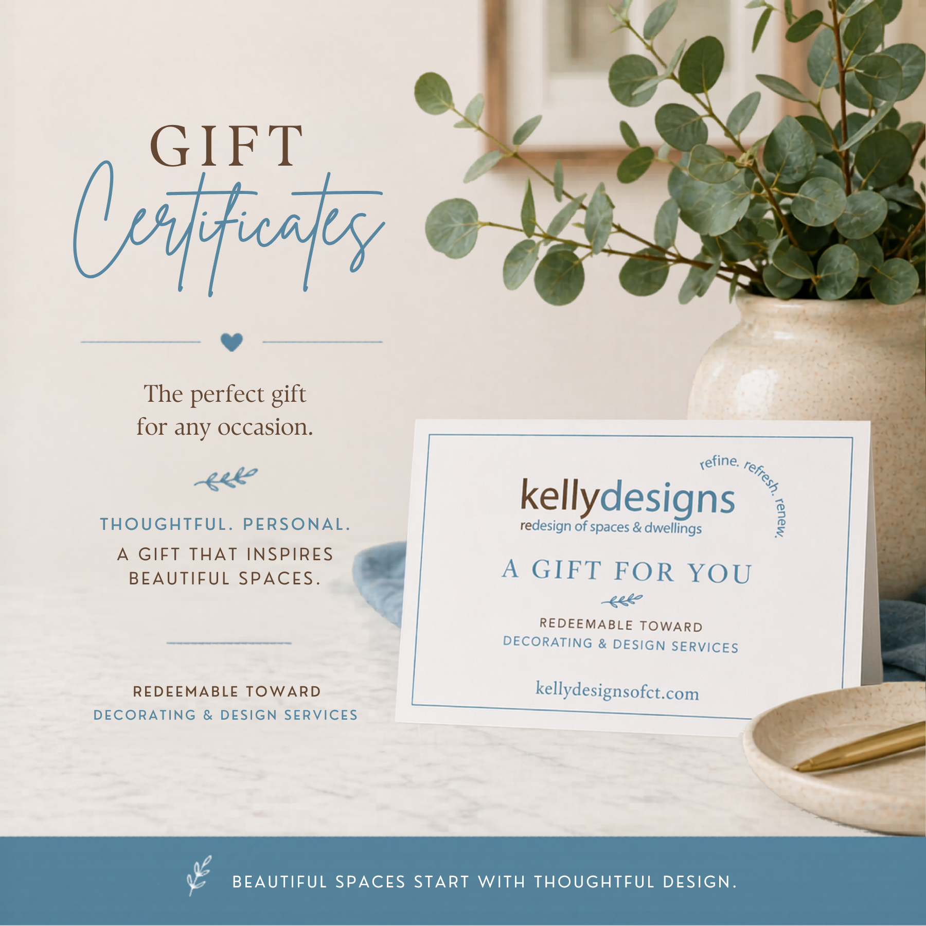 Interior Design Gift Certificates for Home Decorating and Staging Services in Fairfield CT