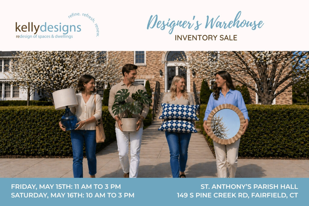 Three women and one man standing in front of the St. Anthony’s Parish Center for the Designer’s Warehouse Inventory Sale by Kelly Designs