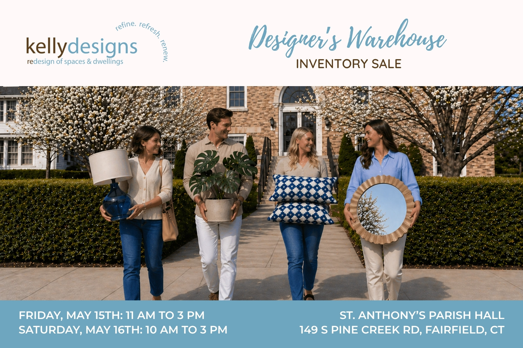 Three women and one man standing in front of the St. Anthony’s Parish Center for the Designer’s Warehouse Inventory Sale by Kelly Designs