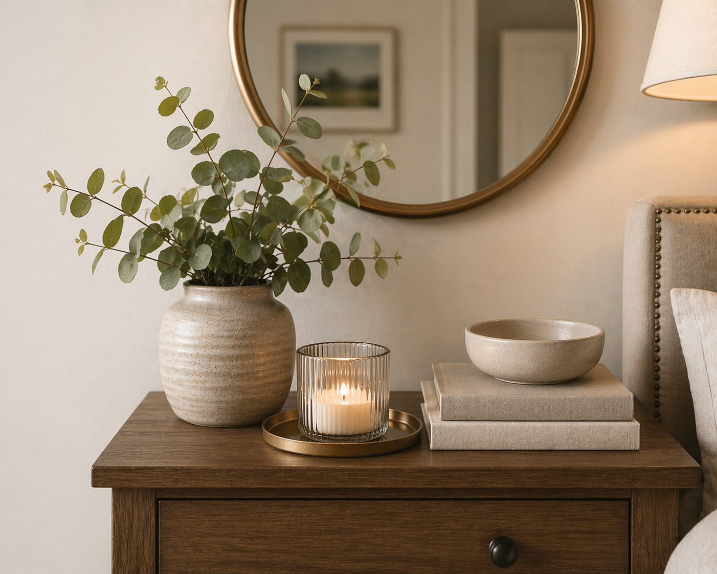 Styling a nightstand with a round antique brass mirror and eucalyptus using the rule of three