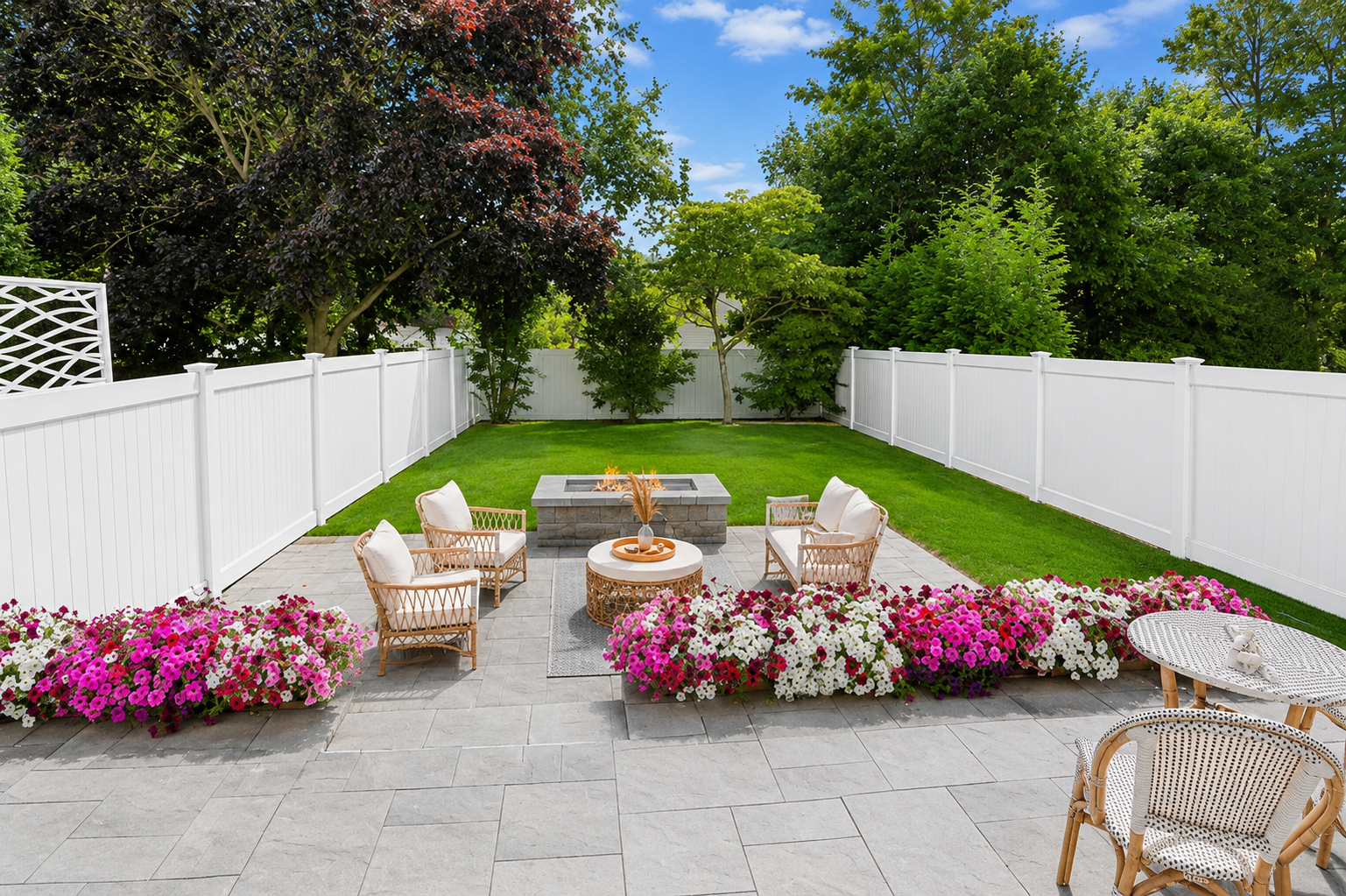 Modern backyard patio in Fairfield County featuring a stone fire pit, grey outdoor sectional sofa, and lush garden beds with purple and white flowers.