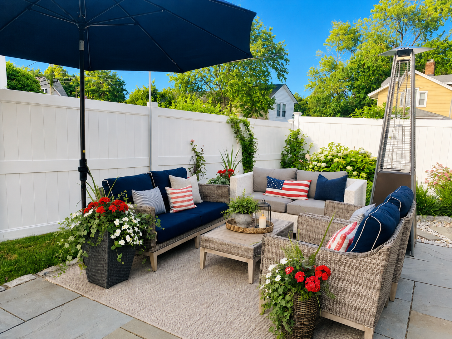 Luxury outdoor living area in Fairfield County featuring a navy blue umbrella, a woven wicker sectional with neutral cushions, and a tall stainless steel patio heater on a stone patio.