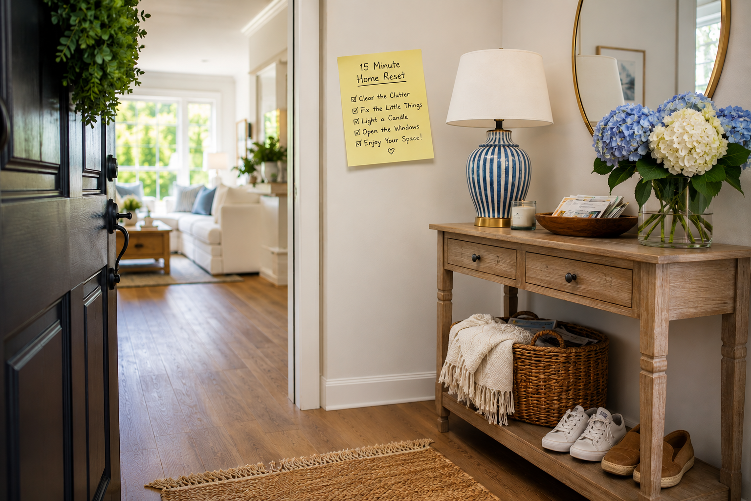 A brightly lit, welcoming home entryway and hallway featuring a wooden console table decorated with blue hydrangeas, a table lamp, potted plants, and a framed note on the wall, leading into an open interior space.