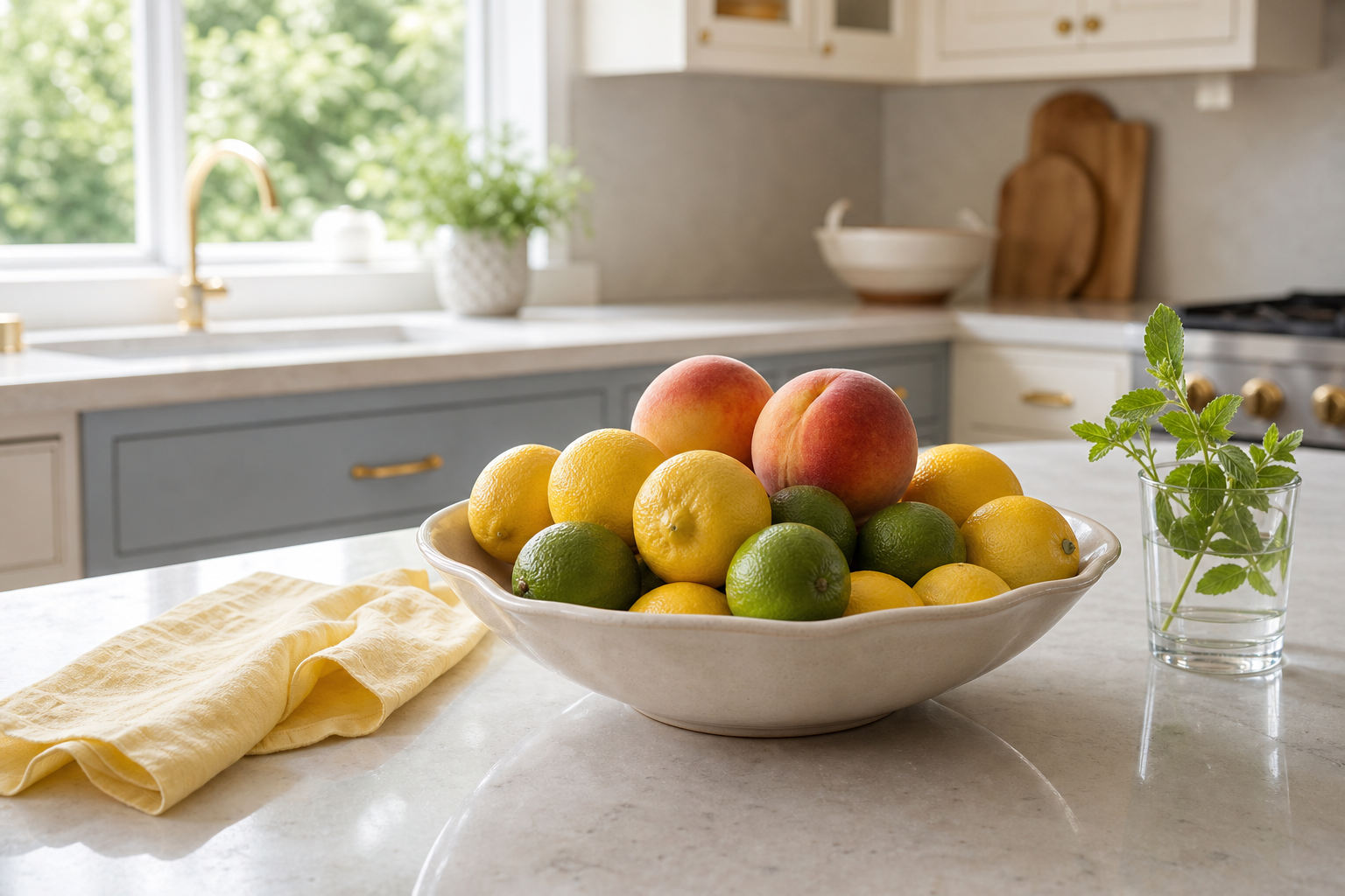 A white bowl filled with fresh lemons, limes, and peaches used as simple summer home decor on a kitchen counter.