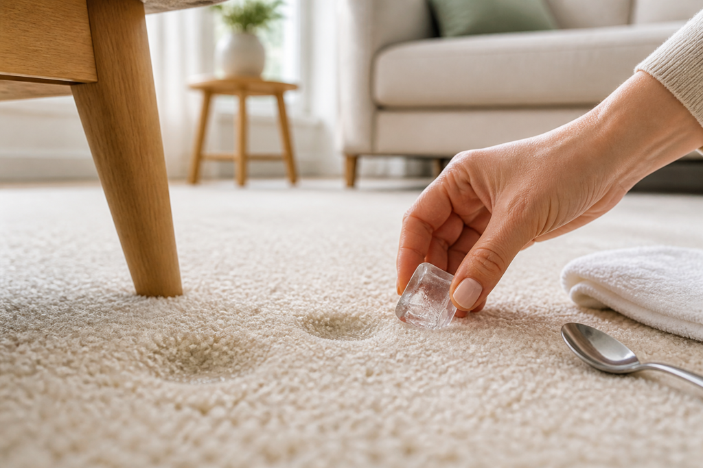 Hands placing an ice cube into a carpet dent next to a wooden furniture leg